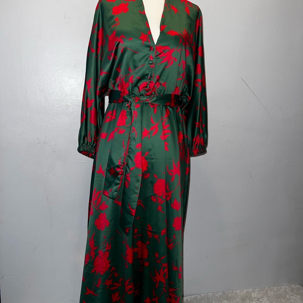 Elegant Green and Red Floral Dress